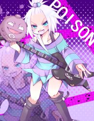 Rule 34 | 10s, 1girl, bare legs, blue eyes, boots, creatures (company), fangs, game freak, gen 1 pokemon, guitar, gym leader, instrument, koffing, nintendo, pokemon, pokemon (creature), pokemon bw2, roxie (pokemon), shirt, striped clothes, striped shirt, topknot, white hair