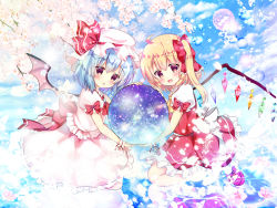 Rule 34 | 2girls, ahoge, bat wings, blonde hair, blouse, blue hair, blue sky, branch, cherry blossoms, cloud, day, flandre scarlet, hair ribbon, hat, hat ribbon, holding orb, lens flare, light particles, looking at viewer, mary janes, mob cap, multiple girls, no headwear, open mouth, orb, outdoors, petals, pink shirt, pink skirt, puffy short sleeves, puffy sleeves, red eyes, red footwear, red skirt, red vest, reflection, remilia scarlet, ribbon, rikatan, seiza, shirt, shoes, short hair, short sleeves, siblings, side ponytail, sisters, sitting, skirt, sky, touhou, triangle mouth, vest, water, wings, wrist cuffs