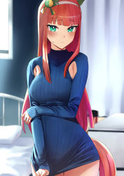 Rule 34 | absurdres, alternate breast size, armpit cutout, bedroom, blush, closed mouth, clothes pull, clothing cutout, day, dress, dress pull, dress tug, drink, green eyes, hair ornament, headband, highres, horse girl, horse tail, indoors, legs together, long hair, long sleeves, looking at viewer, orange hair, red hair, ribbed sweater, rororo, short dress, silence suzuka (umamusume), sleeves past wrists, solo, sweat, sweatdrop, sweater, sweater dress, tail, thigh gap, umamusume