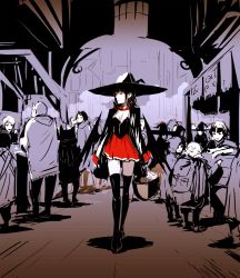 Rule 34 | 1girl, arsenixc, artist self-insert, black hair, cat, fictional persona, hat, highres, oekaki, original, pot, red eyes, solo focus, spot color, thighhighs, walking, wings, witch, witch hat, zettai ryouiki