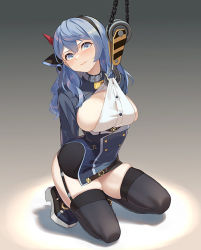 Rule 34 | 1girl, ako (blue archive), arms behind back, ass, bell, black hairband, black thighhighs, blue archive, blue eyes, blue hair, blue jacket, blush, breasts, buttons, cleavage, closed mouth, cowbell, double-breasted, frown, full body, garter straps, gradient background, grey background, hair between eyes, hair ribbon, hairband, jacket, kneeling, large breasts, long hair, long sleeves, looking at viewer, lowres, multicolored hair, neck bell, parted lips, ribbon, sideboob, simple background, skindentation, solo, streaked hair, thighhighs, zi se