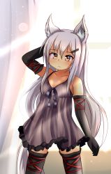 Rule 34 | 1girl, animal ears, camisole, earrings, elbow gloves, expressionless, fox ears, fox tail, frills, gloves, hair ornament, hairclip, highres, hotel01, jewelry, long hair, michaelangelo salvoropartanen, original, red eyes, silver hair, solo, sunlight, tail, thighhighs, underwear, zettai ryouiki