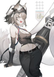 Rule 34 | 1girl, animal ear fluff, animal ears, arknights, ashlock (arknights), ashlock (elite ii) (arknights), bare shoulders, breasts, hair between eyes, haocong33, headgear, medium breasts, midriff, simple background, solo, tagme, tank top, torn clothes, torn tank top, white background