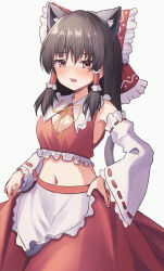 1girl absurdres animal_ear_fluff animal_ears apron ars_rg0412 black_hairband bow breasts brown_hair cat_ears choppy_bangs cleavage_cutout clothing_cutout commentary_request crop_top detached_sleeves fake_animal_ears frilled_apron frilled_bow frilled_hair_tubes frilled_shirt_collar frills furrowed_brow hair_bow hair_tubes hairband hakurei_reimu hand_on_own_hip highres lace-trimmed_sleeves lace_trim light_blush long_hair long_skirt looking_at_viewer medium_breasts midriff navel neck_ribbon open_mouth red_bow red_eyes red_skirt ribbon sidelocks simple_background skirt skirt_hold solo touhou waist_apron white_apron white_background wide_sleeves yellow_ribbon