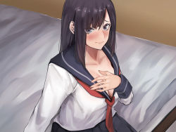 Rule 34 | 1girl, blue eyes, blush, breasts, cleavage, closed mouth, covering privates, embarrassed, female focus, from above, hand up, highres, indoors, large breasts, long hair, looking at viewer, neckerchief, on bed, original, purple hair, sailor collar, school uniform, serafuku, sex wa saikou desho?, sitting, skirt, solo, yarebadekiruko