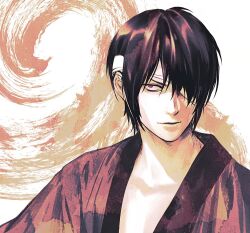 Rule 34 | 1boy, bandaged head, bandages, black hair, closed mouth, cma cmakuma, collarbone, furrowed brow, gintama, hair between eyes, hair over one eye, japanese clothes, light smile, looking at viewer, male focus, one eye covered, red eyes, short hair, solo, takasugi shinsuke, upper body