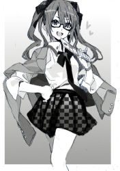 Rule 34 | 1girl, bespectacled, blazer, cellphone, checkered clothes, checkered skirt, glasses, greyscale, heart, himekaidou hatate, jacket, jpeg artifacts, long hair, monochrome, necktie, nobita (makoto7060355), open mouth, phone, pointy ears, ribbon, skirt, smile, solo, touhou, traditional media, twintails