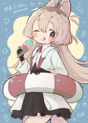 Rule 34 | 1girl, ;q, animal ear fluff, animal ears, black gloves, black skirt, blush, brown hair, closed mouth, coat, commission, cowboy shot, dress, facing away, food, gloves, hair between eyes, highres, holding, holding food, holding ice cream, holding swim ring, ice cream, ice cream cone, innertube, jacket, lifebuoy, light brown hair, long hair, long sleeves, looking at viewer, neck ribbon, one eye closed, original, ribbon, sasasafu, shirt, sign, skeb commission, skirt, smile, solo, squirrel (jjjjmmn err), standing, swim ring, tail, tongue, tongue out, twitter username, white coat, white jacket