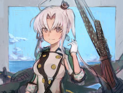 Rule 34 | 1girl, ahoge, akitsushima (kancolle), armpit cutout, breasts, buttons, clothing cutout, cloud, day, double-breasted, earrings, gloves, hat, highres, jacket, jewelry, kantai collection, long hair, medium breasts, mini hat, moor, ocean, outdoors, ponytail, purple eyes, rigging, side ponytail, sidelocks, sky, smile, solo, upper body, water, white gloves, white hair