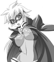 Rule 34 | 00s, 1girl, bad id, bad pixiv id, bodysuit, breasts, cape, covered erect nipples, domino mask, earrings, greyscale, jewelry, large breasts, long hair, mask, monochrome, my-otome, nori (akusei shinseibutsu), open mouth, sara gallagher, simple background, solo