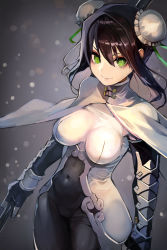 Rule 34 | 1girl, black gloves, black hair, bodysuit, breasts, commentary request, covered navel, double bun, closed eyes, fate/grand order, fate (series), fingerless gloves, gloves, green eyes, green ribbon, hair between eyes, hair ribbon, highres, looking at viewer, qin liangyu (fate), ribbon, short hair, smile, solo, taishi (picchiridou)