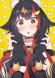 Rule 34 | 1girl, absurdres, animal ear fluff, animal ears, bell, black dress, black hair, blush, braid, choker, detached sleeves, dress, hair bell, hair flaps, hair ornament, hands in hair, highres, holding, holding own hair, hololive, long hair, looking at viewer, multicolored hair, ookami mio, ookami mio (1st costume), open mouth, patterned background, red choker, red hair, side braids, solo, streaked hair, tonarikeru, twin braids, two-tone hair, upper body, virtual youtuber, wolf ears, yellow background, yellow eyes