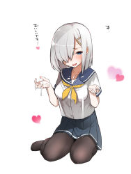 Rule 34 | 10s, 1girl, bad id, bad pixiv id, black pantyhose, blue eyes, blue skirt, blush, breasts, hair ornament, hair over one eye, hairclip, hamakaze (kancolle), highres, kantai collection, looking at viewer, looking down, miniskirt, mitsudoue, no shoes, open mouth, pantyhose, pleated skirt, school uniform, serafuku, short sleeves, silver hair, skirt, solo, suggestive fluid, tongue, tongue out
