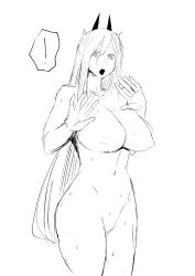 Rule 34 | !, 1girl, alternate breast size, breasts, chainsaw man, cross-shaped pupils, fujou joshi, greyscale, hair between eyes, hands up, highres, horns, large breasts, long hair, looking at viewer, monochrome, nude, open mouth, power (chainsaw man), simple background, solo, surprised, sweat, symbol-shaped pupils, white background