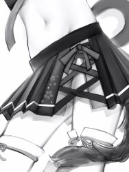 Rule 34 | 1girl, greyscale, head out of frame, highres, hololive, legs, lower body, midriff, miniskirt, monochrome, nanashi (nlo), navel, ookami mio, ookami mio (1st costume), pleated skirt, simple background, skirt, solo, tail, tail wrap, thighhighs, virtual youtuber, white background, wolf girl, wolf tail