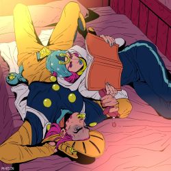 Rule 34 | arm behind head, artist name, bad id, bad pixiv id, bed, blue eyes, blue lips, book, cowboy hat, gyro zeppeli, hat, holding, holding book, hood, hood down, horseshoe, johnny joestar, jojo no kimyou na bouken, lipstick, lying, makeup, marion-ville, on back, on side, open book, open mouth, pillow, pink hair, reading, signature, steel ball run, stuffed animal, stuffed toy, sweat, sweater, teddy bear, yellow lips