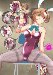 Rule 34 | 1girl, akigumo (kancolle), akishimo (kancolle), animal ears, artist logo, ass, blurry, bow, bowtie, breasts, brown hair, chair, cleavage, collarbone, commentary request, dated, depth of field, detached collar, fake animal ears, fishnet pantyhose, fishnets, folding chair, green bow, green bowtie, green eyes, grey pantyhose, kantai collection, kazagumo (kancolle), kishinami (kancolle), leotard, long hair, looking at viewer, medium breasts, moke ro, naganami (kancolle), pantyhose, playboy bunny, ponytail, poster (medium), purple leotard, rabbit ears, rabbit girl, rabbit tail, sitting, solo, speech bubble, spread legs, strapless, strapless leotard, tail, thighband pantyhose, thumbs up, wrist cuffs