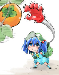 Rule 34 | 1girl, apple, backpack, bag, blue eyes, blue hair, food, fruit, hair bobbles, hair ornament, hat, highres, kawashiro nitori, looking up, matching hair/eyes, mechanical arms, persimmon, shinapuu, shirt, single mechanical arm, skirt, skirt set, smile, solo, sweat, touhou, trembling, twintails, two side up