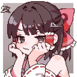 Rule 34 | 1girl, ahiru tokotoko, bare shoulders, black eyes, black hair, bow, closed mouth, commentary request, grey background, hair bow, hair tubes, hakurei reimu, pixel art, red bow, sidelocks, solo, squiggle, touhou, upper body