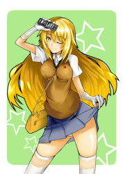 Rule 34 | + +, 1girl, ;), akasikuy, arm up, bag, between breasts, blonde hair, breasts, chain, clothes lift, controller, elbow gloves, gloves, green background, handbag, long hair, looking at viewer, one eye closed, panties, pleated skirt, remote control, rounded corners, school uniform, shokuhou misaki, short sleeves, skindentation, skirt, skirt lift, smile, solo, spider web print, standing, star (symbol), strap between breasts, sweater vest, symbol-shaped pupils, thighhighs, toaru kagaku no railgun, toaru majutsu no index, underwear, uniform, upskirt, white gloves, white panties, white thighhighs, wink, yellow eyes, zettai ryouiki