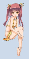 Rule 34 | 1girl, ankleband, anklet, bare legs, bare shoulders, barefoot, downblouse, fang, flat chest, jewelry, kawagoe pochi, legs, long hair, necklace, nipple slip, nipples, open mouth, original, pink hair, pointy ears, sitting, solo, twintails, wristband, yellow eyes