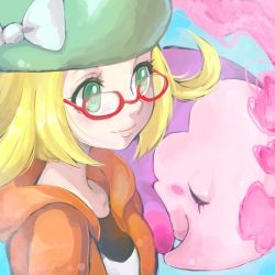 Rule 34 | 1girl, bianca (pokemon), blonde hair, breasts, commentary request, creatures (company), game freak, glasses, green eyes, hachimaru (ediciusa), hat, jacket, medium hair, nintendo, pokemon, pokemon (creature), pokemon bw2, smile