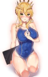 Rule 34 | 1girl, artoria pendragon (fate), artoria pendragon (lancer) (fate), blue one-piece swimsuit, braid, breasts, clipboard, collarbone, competition swimsuit, fate/grand order, fate (series), french braid, full body, hair between eyes, highres, kawai (purplrpouni), large breasts, one-piece swimsuit, sidelocks, simple background, solo, squatting, swept bangs, swimsuit, tiara, whistle, whistle around neck, white background