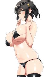 Rule 34 | 1girl, bare shoulders, black bra, black hair, black panties, black thighhighs, blush, bow, bra, breasts, commentary, from side, grey eyes, hair between eyes, hair bow, hair ornament, highres, large breasts, looking at viewer, medium hair, mole, mole on breast, mole under mouth, navel, nekoshoko, original, panties, parted lips, sidelocks, simple background, solo, standing, stomach, thighhighs, twintails, underwear, upper body, white background, yellow bow