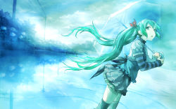 Rule 34 | 1girl, :o, blue theme, casual, coz (commit), detached sleeves, green eyes, green hair, hatsune miku, long hair, matching hair/eyes, power lines, rain, reflection, solo, striped, thighhighs, twintails, umbrella, unbrella, very long hair, vocaloid, water