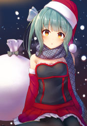 Rule 34 | 1girl, absurdres, bare shoulders, black pantyhose, blue bow, blush, bow, breasts, brown eyes, christmas, commentary request, detached sleeves, frilled skirt, frills, green hair, grey scarf, hair bow, hat, highres, long hair, long sleeves, looking at viewer, minarai shachou, original, pantyhose, parted lips, plaid, plaid scarf, pleated skirt, red hat, red skirt, red sleeves, sack, santa costume, santa hat, scarf, sidelocks, skirt, small breasts, solo, strapless, striped, striped bow, unmoving pattern