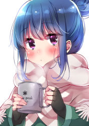 Rule 34 | 1girl, black gloves, blue hair, blush, capelet, close-up, coat, coffee mug, commentary, cup, expressionless, fingerless gloves, gloves, green coat, hair bun, highres, holding, holding cup, looking at viewer, mug, print mug, purple eyes, scarf, shima rin, sidelocks, simple background, single hair bun, sk02, solo, steam, white background, white capelet, white scarf, winter clothes, yurucamp