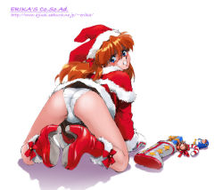 Rule 34 | 1girl, all fours, ass, azumanga daiou, bent over, blue eyes, blush, boots, bow, character doll, christmas, christmas stocking, clenched teeth, eco ice, ecoco, ekokuice, from behind, gift, gloves, hat, high heels, jester cap, long hair, looking at viewer, looking back, mihama chiyo, neon genesis evangelion, orange hair, panties, red hair, santa costume, shibata masahiro, shoes, simple background, solo, souryuu asuka langley, star (symbol), tanizaki yukari, teeth, toy, underwear, white background, white panties
