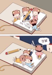 Rule 34 | &gt; &lt;, 2koma, 5boys, aged down, animal ears, barefoot, black hair, book, chibi, child, chinese commentary, closed eyes, closed mouth, comic, commentary, giving up the ghost, highres, holding, holding pencil, itadori yuuji, jujutsu kaisen, kneeling, long sleeves, lying, male focus, mini person, miniboy, multiple boys, multiple persona, on stomach, open book, open mouth, pajamas, pants, pencil, pink hair, shirt, short hair, smile, spiked hair, standing, surprised, tail, tiger boy, tiger ears, tiger tail, tootigee, undercut, writing, | |