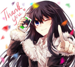 Rule 34 | 1boy, ;), ^^^, animal ears, bellezza felutia, black hair, blue eyes, cat ears, collared shirt, commentary request, confetti, felutiahime, fur, fur-trimmed jacket, fur trim, heterochromia, jacket, long hair, male focus, one eye closed, original, phone, pointing, pointing at viewer, red eyes, shirt, smile, solo, thank you, trap