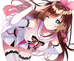 Rule 34 | 1girl, ;), aqua eyes, arm warmers, bare shoulders, bent over, blush, breasts, brown hair, commentary request, hairband, hand on own hip, heart, heart-shaped pupils, highres, kizuna ai, kizuna ai inc., looking at viewer, medium breasts, multicolored hair, one eye closed, pink hair, play button, sailor collar, salute, short hair, simple background, sleeveless, smile, streaked hair, symbol-shaped pupils, thighhighs, two-tone hair, virtual youtuber, white background
