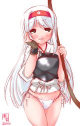 Rule 34 | 10s, 1girl, :d, black eyes, dated, gloves, hand on own cheek, hand on own face, headband, highres, kanon (kurogane knights), kantai collection, long hair, muneate, open mouth, panties, partially fingerless gloves, partly fingerless gloves, shoukaku (kancolle), side-tie panties, single glove, single gloves, smile, underwear, white hair, white panties, yugake