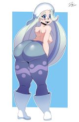 Rule 34 | 1girl, absurdres, ass, back, bare back, bare shoulders, blonde hair, blue eyes, blue hair, blush, boots, breasts, creatures (company), from behind, game freak, hat, highres, huge ass, jiggle, large breasts, lonercroissant, long hair, looking at viewer, melony (pokemon), multicolored hair, nintendo, nipples, pants, pokemon, pokemon swsh, shiny clothes, shiny skin, smile, solo, standing, topless, very long hair