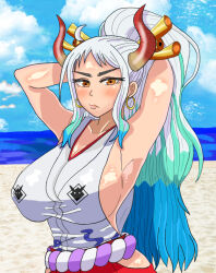 Rule 34 | 1girl, armpits, arms behind back, arms up, beach, belt, blue hair, blush, breasts, eddarxart, green hair, hair ornament, hand in own hair, horns, japanese clothes, kimono, large breasts, long hair, looking at viewer, multicolored hair, obi, one piece, orange eyes, pants, ponytail, red horns, red pants, sash, shirt, showing armpits, sideboob, sidelocks, sleeveless, sleeveless shirt, thick eyebrows, water, white hair, white kimono, white shirt, yamato (one piece)