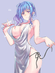 Rule 34 | 1girl, bare arms, bare shoulders, blue hair, breasts, cleavage, cowboy shot, cup, dress, drinking glass, earrings, evening gown, halter dress, halterneck, holding, holding cup, jewelry, large breasts, sawaya (mizukazu), side-tie peek, solo, st. louis (azur lane), st. louis (luxurious wheels) (azur lane), wine glass