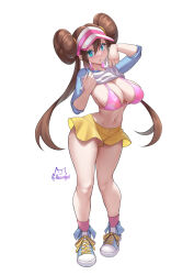Rule 34 | 1girl, achromaru, bag, bare legs, blue eyes, blush, bow, bra, breasts, bright pupils, brown hair, cleavage, clothes lift, collarbone, creatures (company), double bun, doughnut hair bun, full body, game freak, hair bun, hands up, hat, high tops, highres, large breasts, leaning forward, long hair, looking at viewer, navel, nintendo, open mouth, panties, panty peek, pink bow, pink bra, pink panties, pokemon, pokemon (creature), pokemon bw2, raglan sleeves, rosa (pokemon), shirt, shirt lift, shoes, short shorts, shorts, signature, simple background, skindentation, sneakers, solo, strap gap, twintails, underwear, visor cap, white background, yellow shorts
