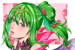 Rule 34 | 1girl, aduti momoyama, bare shoulders, fire emblem, fire emblem awakening, fire emblem heroes, flower, green eyes, green hair, hair between eyes, headpiece, highres, long hair, nintendo, nose, parted lips, petals, pink flower, pink gemstone, pink lips, plant, pointy ears, ponytail, solo, thorns, tiki (adult) (fire emblem), tiki (adult) (resplendent) (fire emblem), tiki (fire emblem), upper body, vines