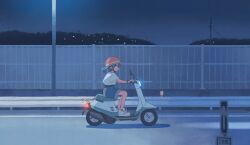 Rule 34 | 1girl, aqua hair, driving, helmet, highres, motorcycle helmet, muji (uimss), night, on scooter, original, outdoors, short shorts, shorts, solo, twintails