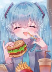 Rule 34 | 1girl, absurdres, blue hair, blue necktie, burger, closed eyes, cup, disposable cup, eating, food, french fries, hatsune miku, highres, holding, holding food, keika aki, necktie, open mouth, soda, vocaloid