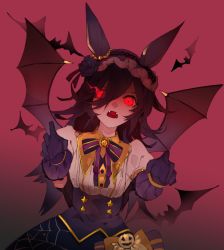 Rule 34 | 1girl, animal ears, bat (animal), bat wings, black hair, bow, bowtie, collared shirt, commentary, english commentary, eye trail, fangs, flower, frilled hairband, frills, gloves, glowing, glowing eyes, hair between eyes, hairband, high-waist skirt, highres, horse ears, ikurauni, light trail, long hair, looking at viewer, open mouth, purple gloves, red background, red eyes, rice shower (make up vampire!) (umamusume), rice shower (umamusume), rose, shirt, short sleeves, skirt, solo, tongue, umamusume, upper body, white shirt, wings
