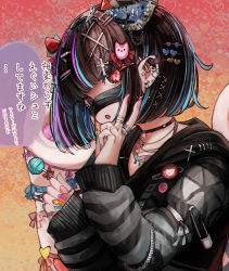 Rule 34 | 1girl, black hair, blue hair, bow, choker, cross, decora, ear piercing, earrings, facing to the side, hair bow, hair ornament, hairpin, highres, hood, hood down, hoodie, jewelry, looking at viewer, microa, multicolored hair, nail polish, necklace, open mouth, piercing, pink hair, red eyes, ring, short hair, striped clothes, striped hoodie, tongue piercing, touhoku kiritan, translation request, voiceroid