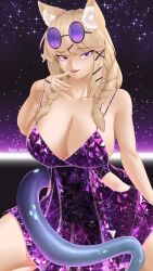 Rule 34 | absurdres, animal ear fluff, animal ears, arknights, bare shoulders, braid, breasts, brown hair, cleavage, dress, fangs, hair ornament, hair over breasts, hair over shoulder, hairclip, highres, large breasts, long hair, looking at viewer, open mouth, purple dress, purple eyes, simple background, sparkle, sparkle background, spread legs, sunglasses, tail, takie arts, utage (arknights), x hair ornament