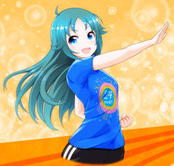 Rule 34 | 1girl, 24, antenna hair, aqua eyes, arm up, artist request, black shorts, blue shirt, breasts, bubble background, casual, child, clenched hand, eyelashes, green hair, happy, highres, idolmaster, idolmaster cinderella girls, long hair, looking at viewer, namco, nanjo hikaru, neck, open mouth, orange background, parted bangs, print shirt, print shorts, shiny clothes, shiny skin, shirt, short sleeves, shorts, sidelocks, small breasts, standing, t-shirt, two-tone background