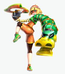 Rule 34 | 1girl, arms (game), ass, beanie, bike shorts, blonde hair, chinese clothes, domino mask, dragon (arms), facepaint, food, full body, gonzarez, green eyes, hat, highres, leggings, leggings under shorts, looking at viewer, mask, min min (arms), noodles, pantyhose, short hair, shorts, solo, white background