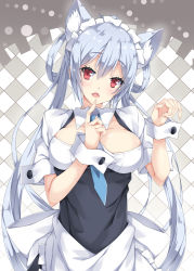 Rule 34 | 1girl, animal ears, apron, black dress, breasts, commentary request, dress, fang, fingernails, frilled apron, frills, hair between eyes, hair rings, head tilt, large breasts, long hair, looking at viewer, maid, maid headdress, matoi (pso2), milkpanda, open mouth, phantasy star, phantasy star online 2, red eyes, short sleeves, silver hair, solo, twintails, very long hair, waist apron, white apron, wrist cuffs