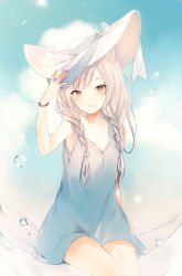 Rule 34 | 1girl, animal ears, arm at side, arm up, blue dress, blue sky, blush, braid, breasts, cloud, cloudy sky, clover, collarbone, commentary request, cowboy shot, day, dress, four-leaf clover, hand on headwear, hat, hat ribbon, long hair, looking at viewer, lpip, original, parted lips, pink eyes, ribbon, silver hair, sitting, sky, sleeveless, sleeveless dress, small breasts, smile, solo, sundress, twin braids, water drop, white hat, wristband